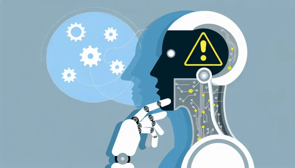 Robot pensant avec engrenages et symbole d'alerte, concept d'intelligence artificielle et cybersécurité.
