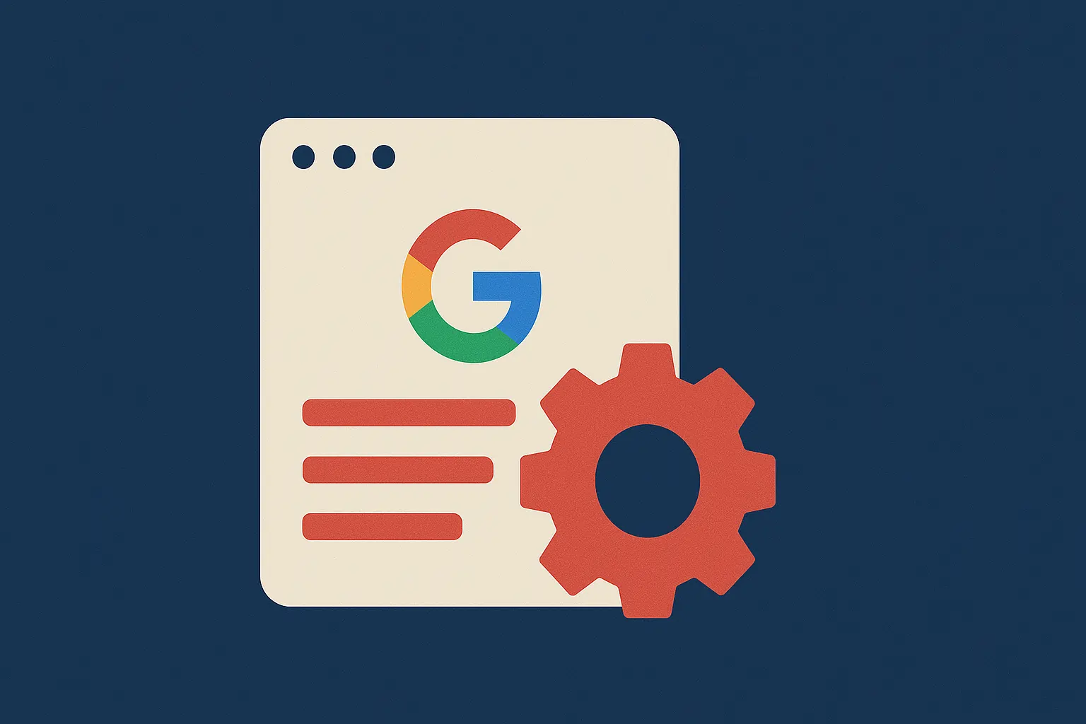 Illustration stylisée représentant un document avec le logo coloré de Google, des lignes rouges évoquant un contenu problématique, et une roue dentée rouge symbolisant une mise à jour des règles.
