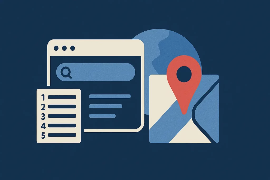 Illustration stylisée d’une interface de recherche avec un repère rouge sur une carte Google stylisée, évoquant la recherche locale via Google Maps sur fond bleu.