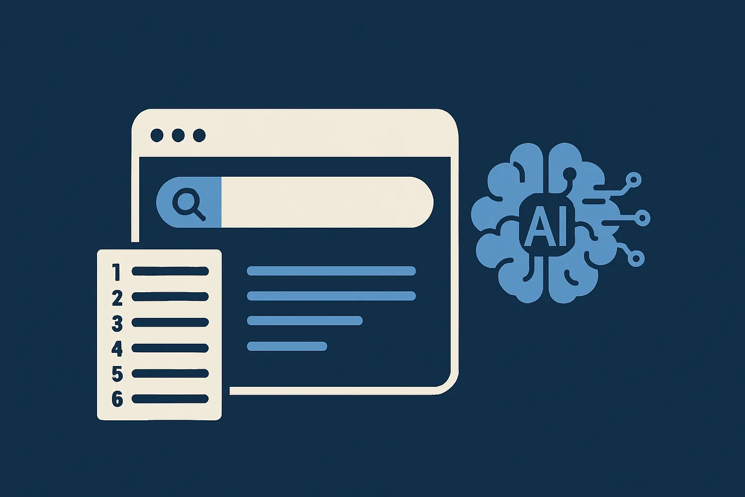 Illustration moderne sans texte représentant une interface de recherche, une liste numérotée et un cerveau stylisé symbolisant l’intelligence artificielle, évoquant les fondamentaux du SEO face à la recherche IA.