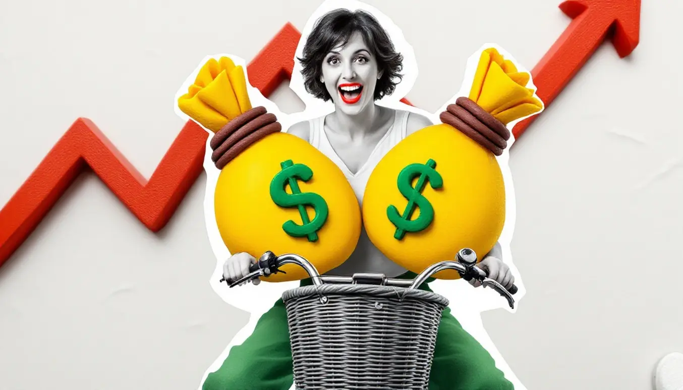 Femme souriante avec des sacs d'argent sur un vélo, symbolisant la croissance financière et le succès.