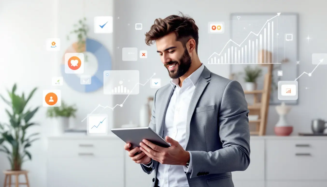 Un professionnel utilisant une tablette pour visualiser des graphiques de croissance et des icônes représentant des prospects pour illustrer la génération de leads qualifiés.