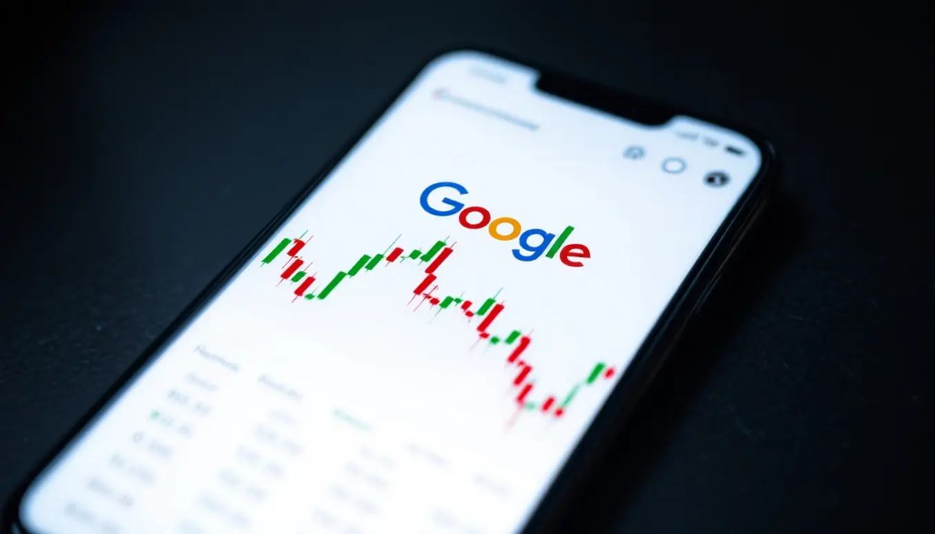 Graphique boursier de Google affiché sur un smartphone avec des chandeliers verts et rouges sur fond blanc.