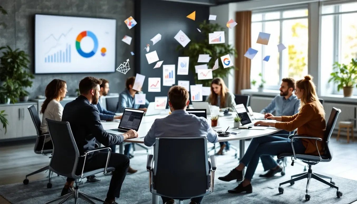 Une équipe de spécialistes du marketing numérique collaborant devant des écrans avec des graphiques et des icônes de croissance, illustrant l'adaptation stratégique au SEO.