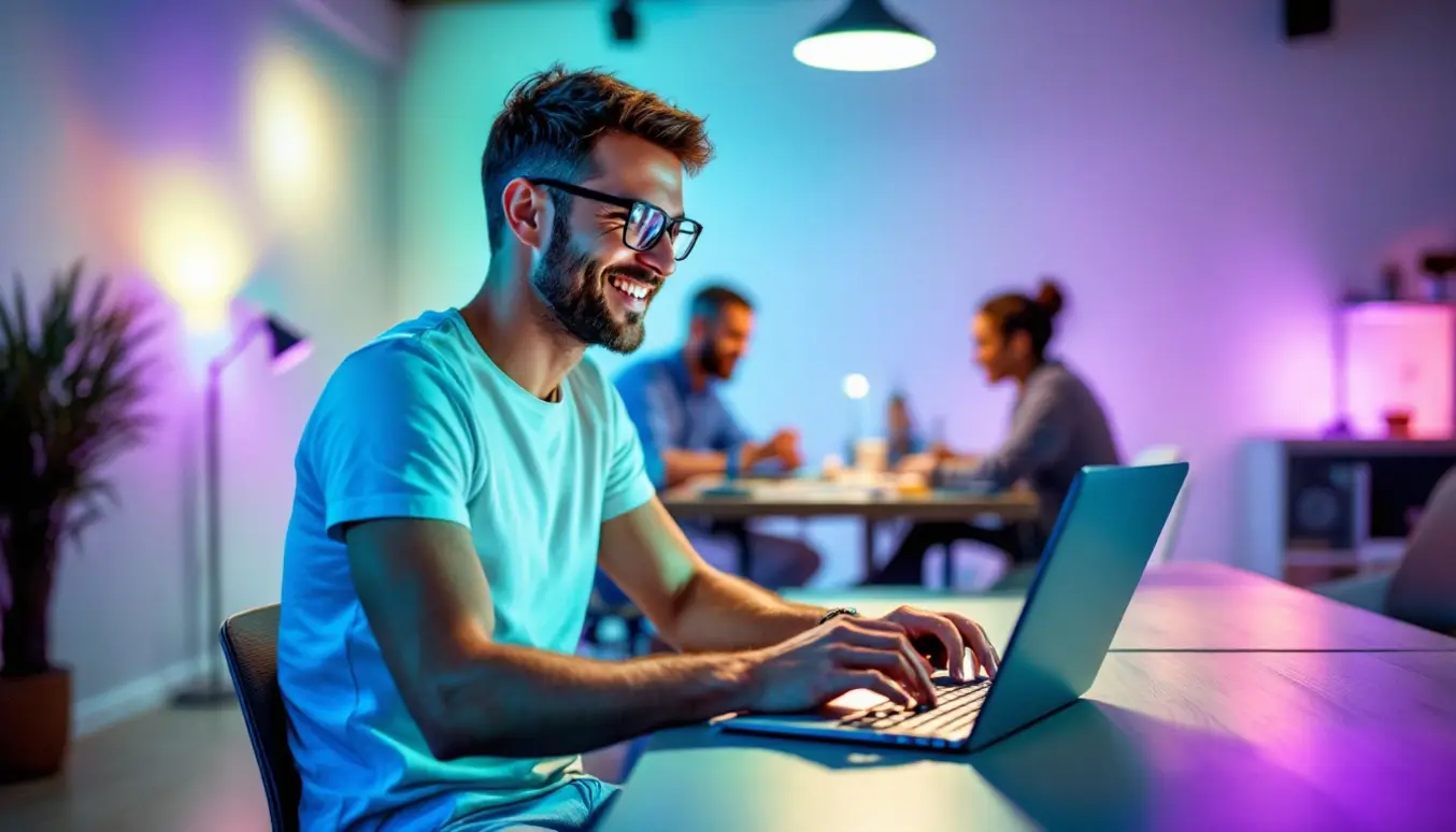 Un utilisateur satisfait utilisant un ordinateur pour des corrections, avec une équipe d'éditeurs collaborant dans un bureau lumineux.