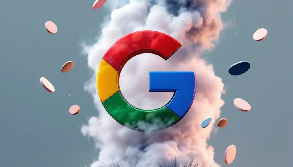 Logo coloré de Google émergeant de nuages de fumée avec des objets flottants en arrière-plan, symbole de technologie et innovation.