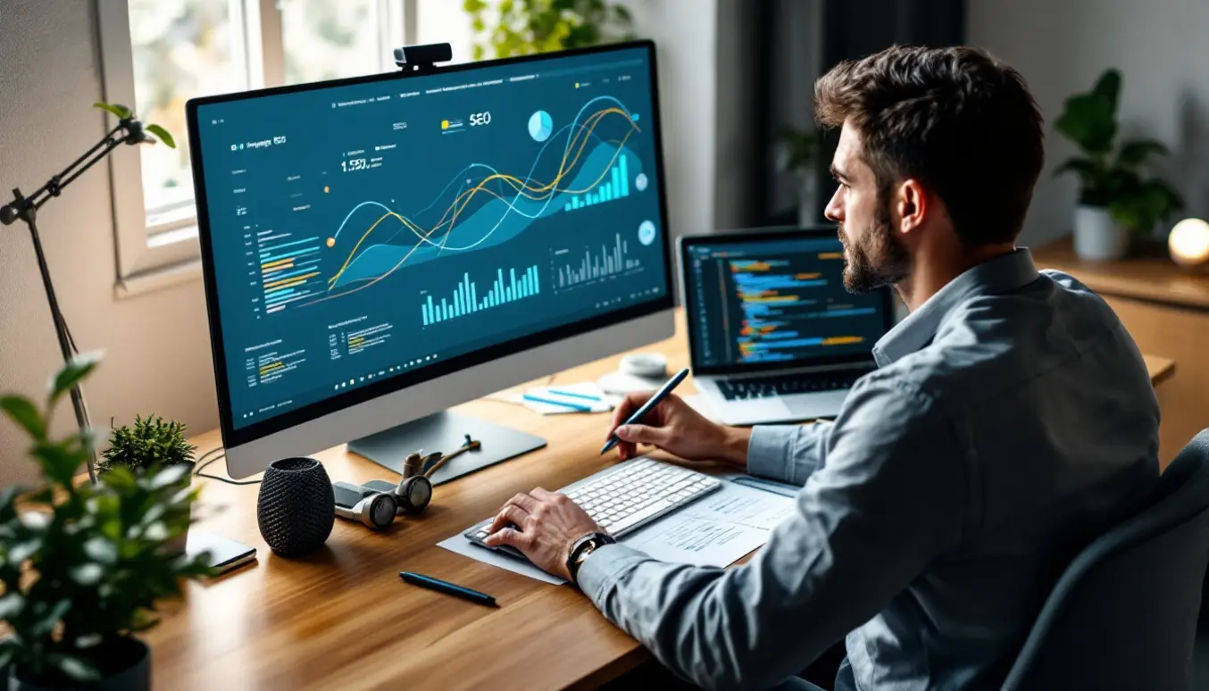 Un professionnel travaillant devant un écran avec des graphiques SEO et un symbole de migration de site numérique.
