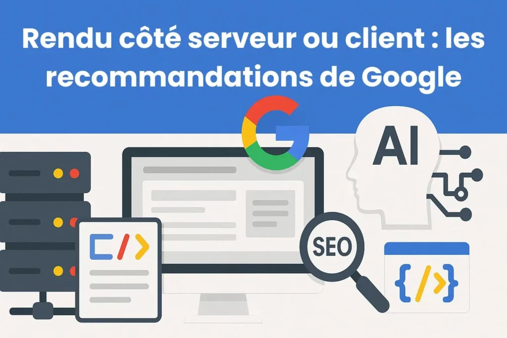 Illustration représentant un ordinateur entouré de serveurs, d’icônes de code, d’une loupe "SEO", du logo Google et d’une silhouette IA, illustrant le thème du rendu côté serveur ou client et les recommandations SEO de Google.