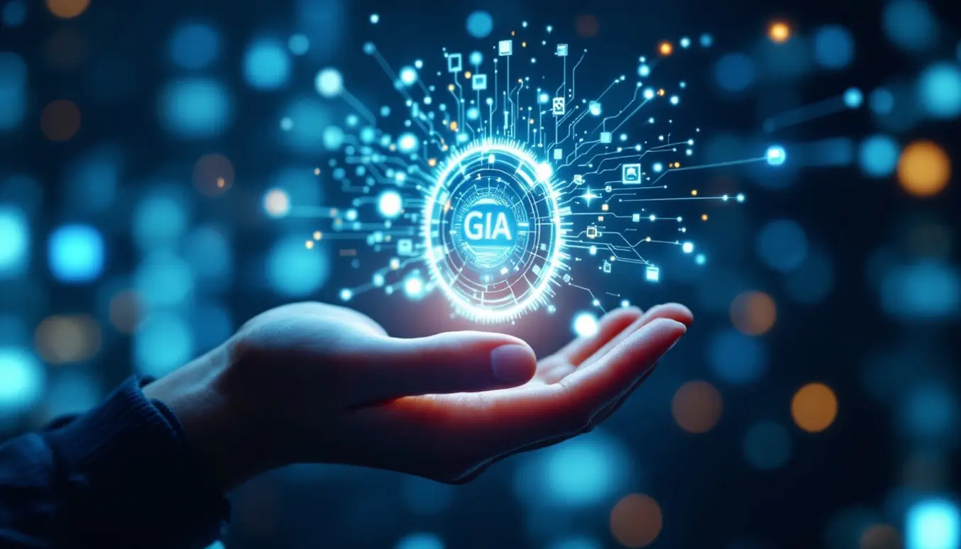 Une main humaine tenant une certification numérique holographique avec le logo Google, symbolisant la valeur et la reconnaissance en intelligence artificielle générative.