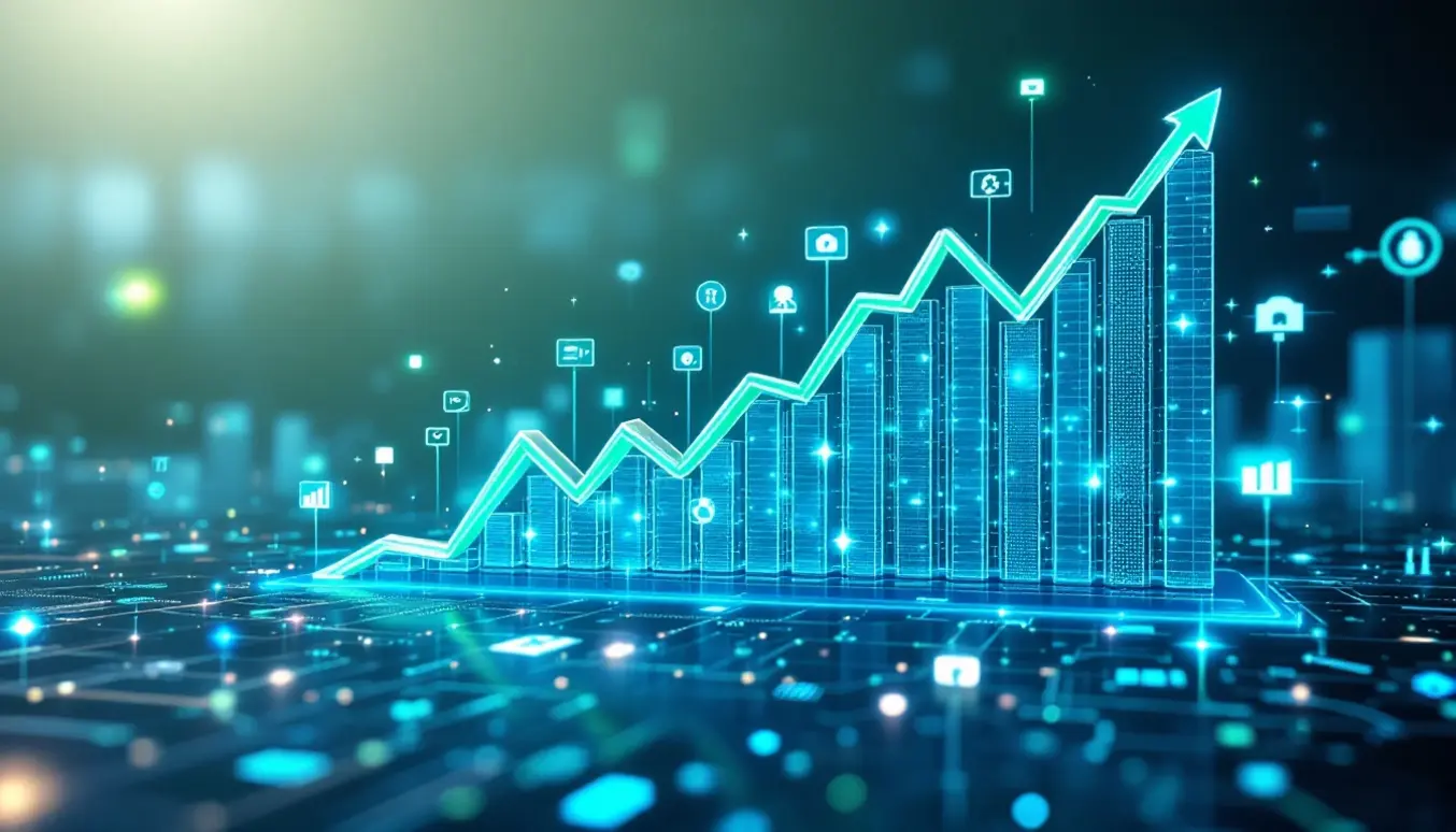 Un graphique de croissance numérique entouré d’icônes de recherche, illustrant l’évolution du marché de la recherche en ligne.