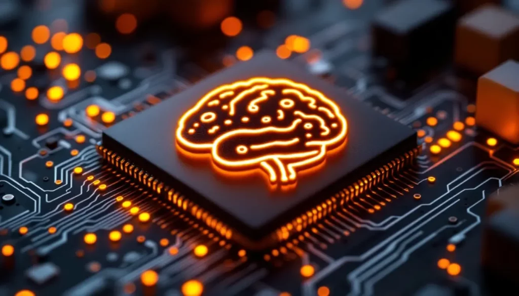 Processeur avec un symbole de cerveau illuminé, représentant l'intelligence artificielle sur une carte mère.