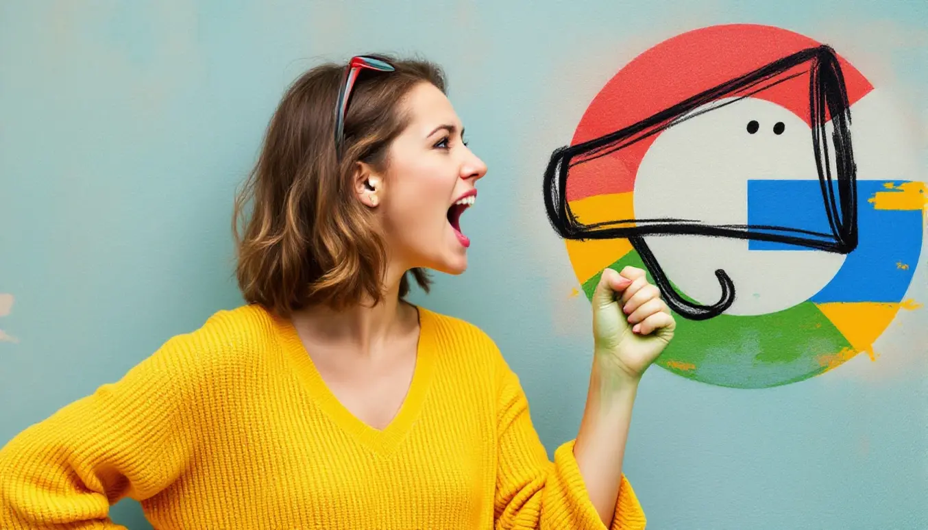 Femme en pull jaune exprimant de l’enthousiasme devant un mur avec un dessin de mégaphone et un logo coloré.