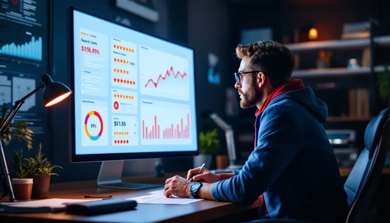 Un professionnel devant un écran avec des graphiques et des avis clients, illustrant l'importance de la réputation en ligne et de l'expérience client.