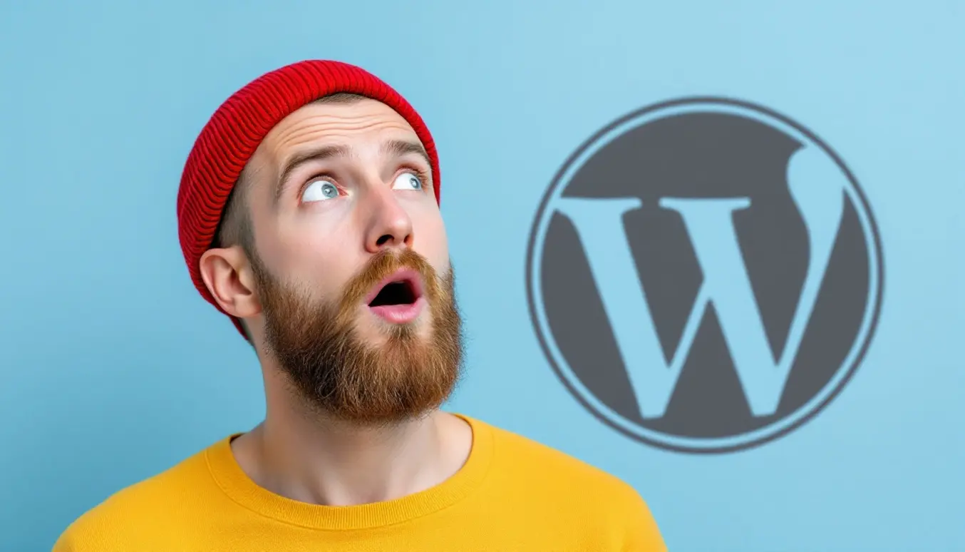 Homme barbu avec un bonnet rouge regardant vers le haut, en arrière-plan le logo de WordPress sur fond bleu.
