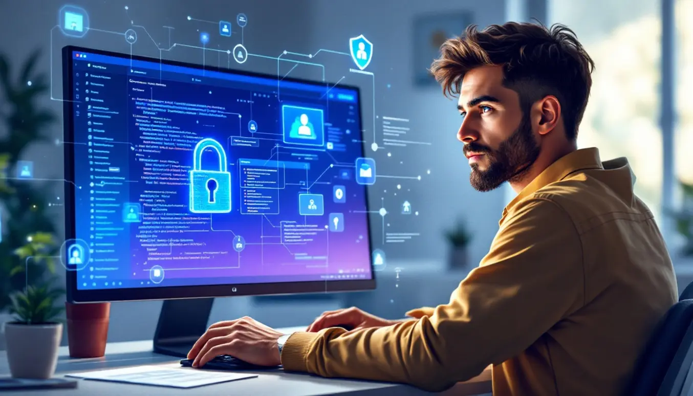 Un administrateur de site web devant un ordinateur avec un cadenas numérique pour représenter la sécurisation du site.