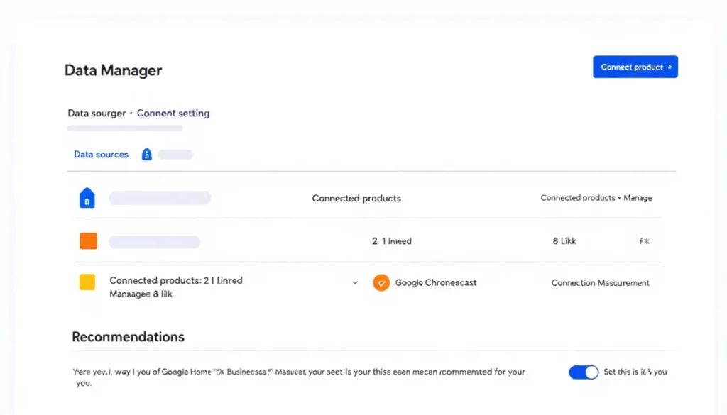 Interface utilisateur du gestionnaire de données, affichant des produits connectés et des recommandations.