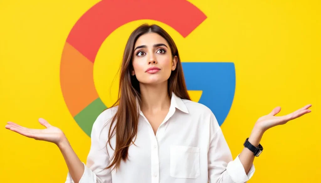 Femme en chemise blanche avec un fond jaune et logo Google, les bras levés, affichant une expression pensive.
