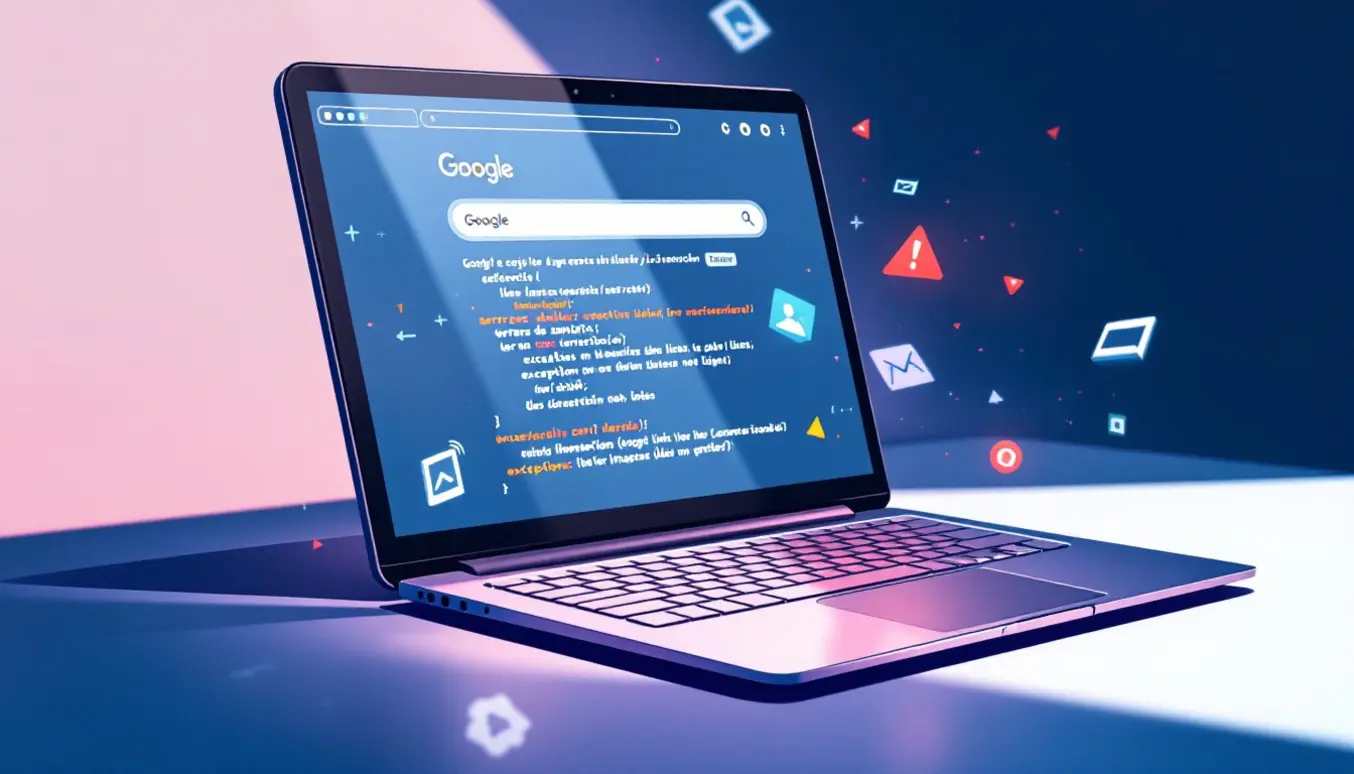 Un ordinateur portable montrant une recherche Google avec des éléments symbolisant des erreurs et des limites de l'intelligence artificielle.