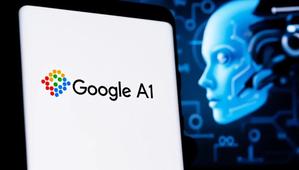 Logo de Google A1 avec un fond de circuit numérique et un visage de robot en bleu.