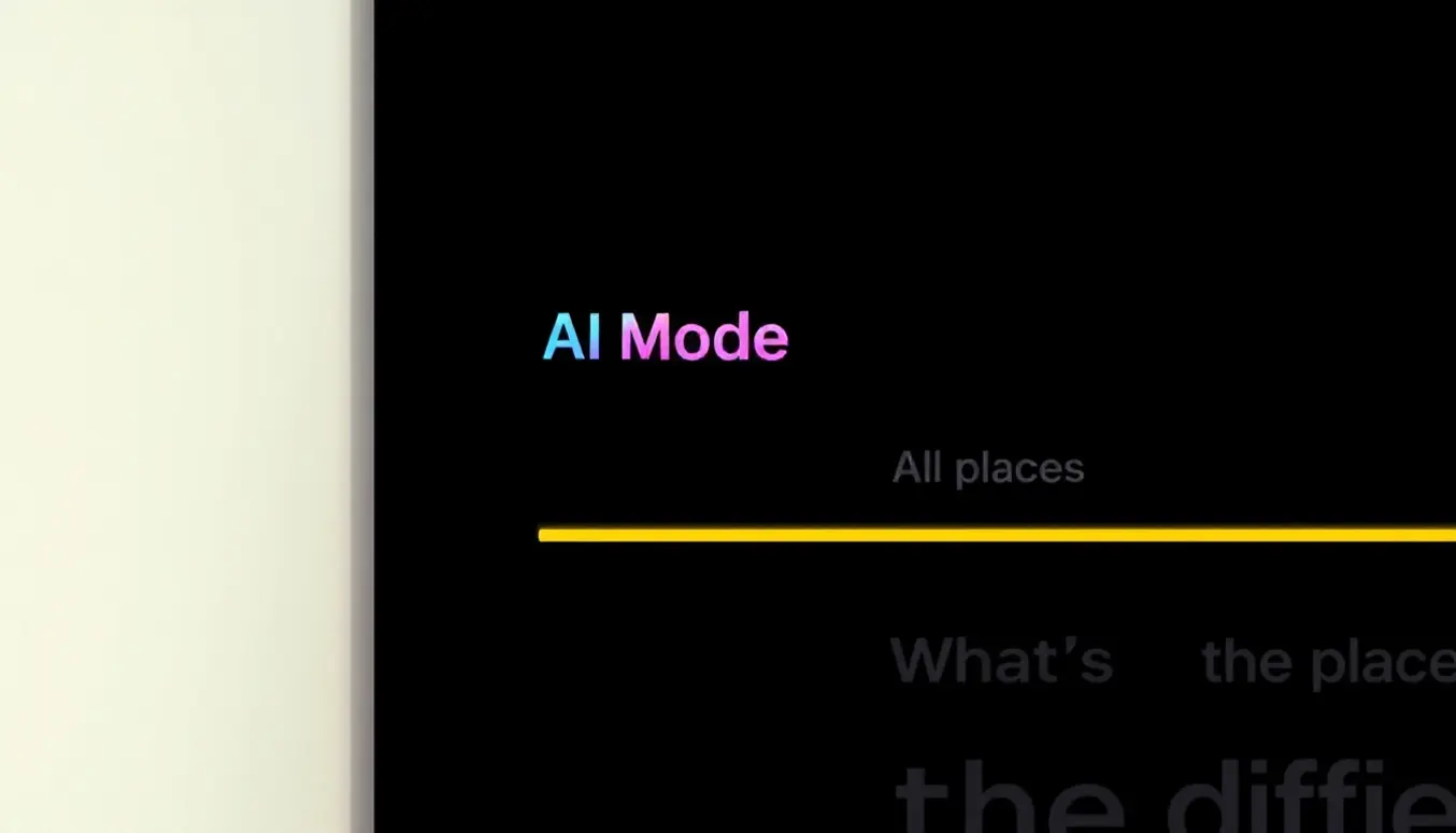 Interface d'application affichant "AI Mode" avec options et texte explicatif sur fond noir.