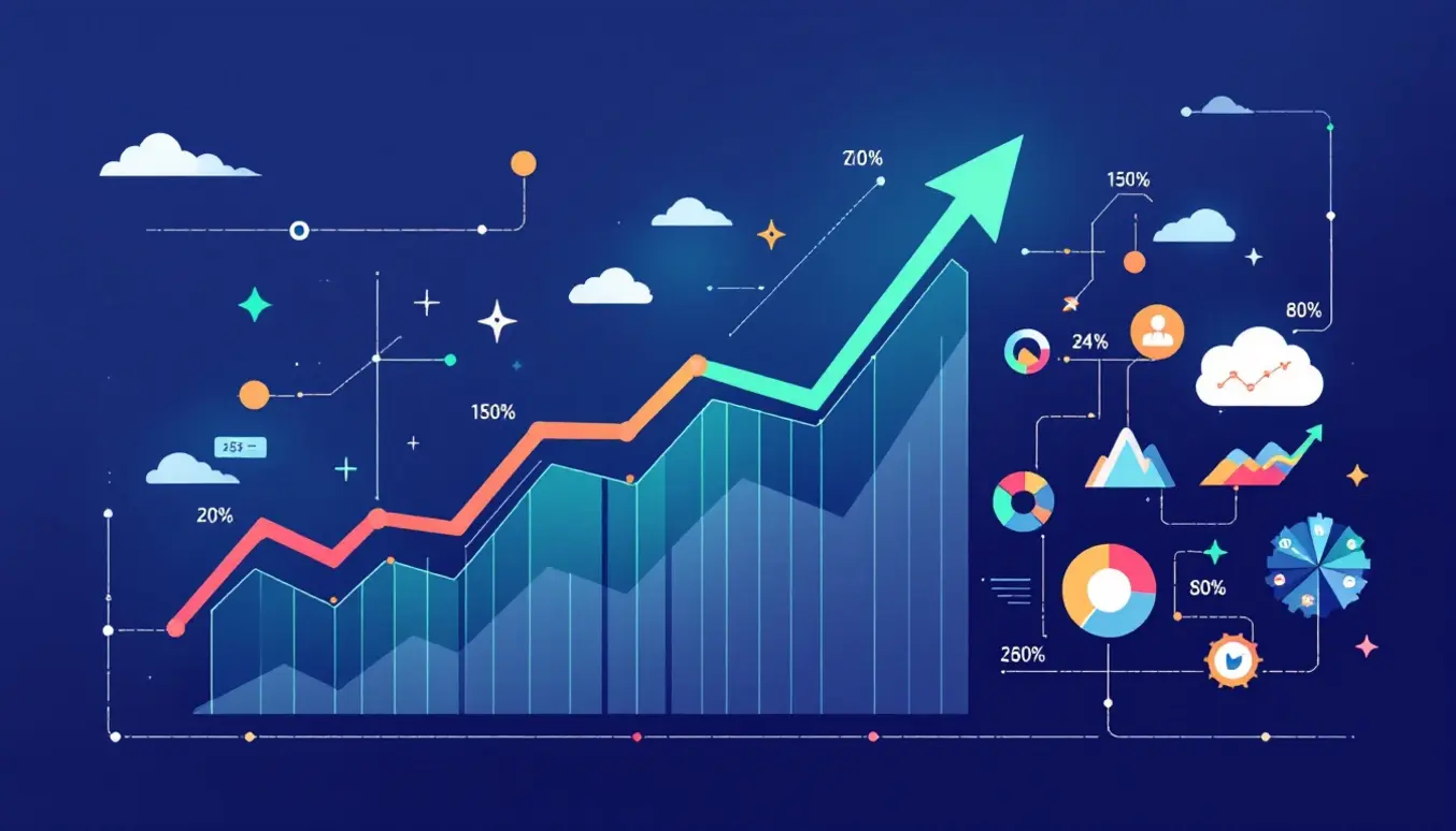 Un tableau de stratégie avec graphiques et flèches montrant la croissance et des icônes représentant les perspectives futures.