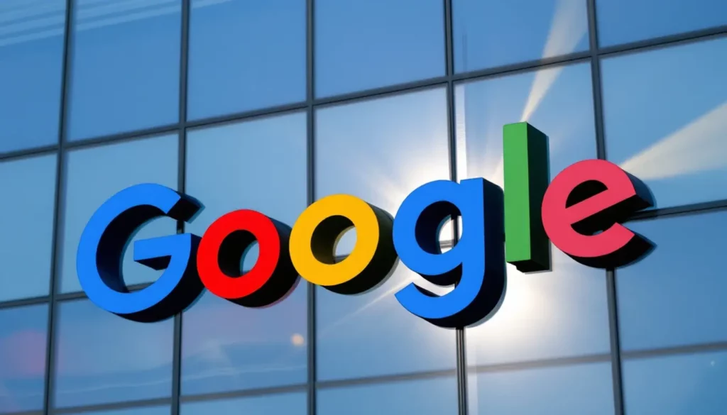 Logo coloré de Google sur un mur en verre moderne, reflétant la lumière.