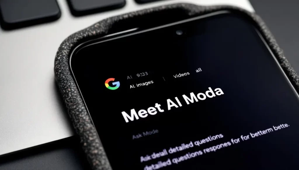 Écran de smartphone affichant "Meet AI Moda" avec des options pour images et vidéos, sur fond sombre.