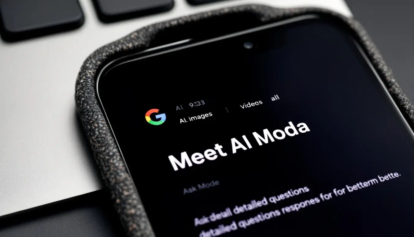 Écran de smartphone affichant "Meet AI Moda" avec des options pour images et vidéos, sur fond sombre.