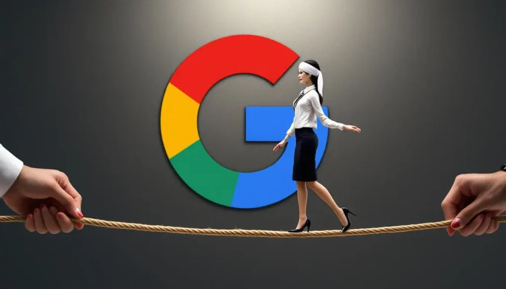 Femme en costume noir marchant sur une corde, avec le logo coloré de Google en arrière-plan.