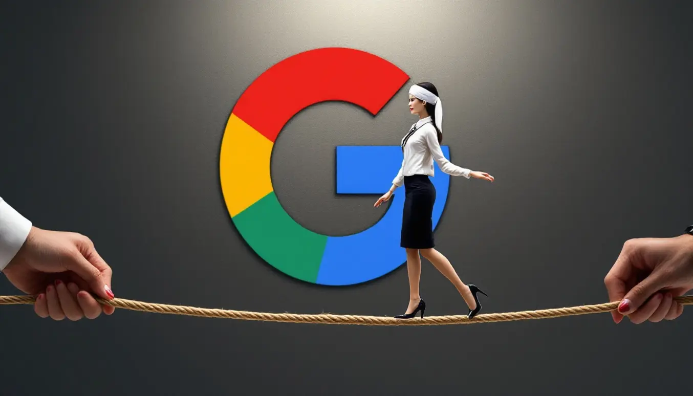 Femme en costume noir marchant sur une corde, avec le logo coloré de Google en arrière-plan.