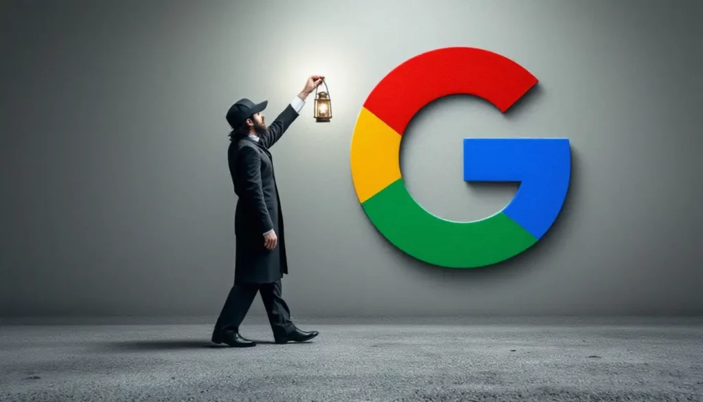 Homme en costume tenant une lanterne près du logo coloré de Google sur un mur neutre.