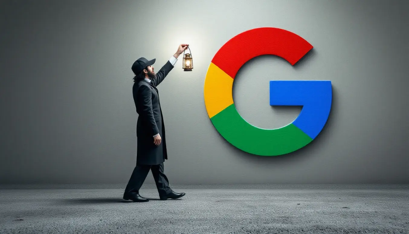 Homme en costume tenant une lanterne près du logo coloré de Google sur un mur neutre.