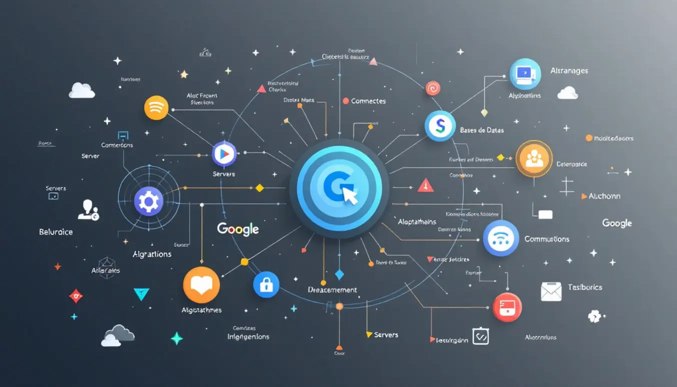 Diagramme illustrant les principaux éléments du système de classement d'un moteur de recherche, incluant algorithmes et flux de données.