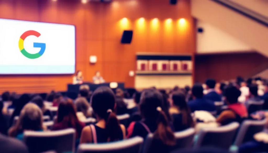Audience attentive lors d'une présentation Google, avec un logo Google en arrière-plan.