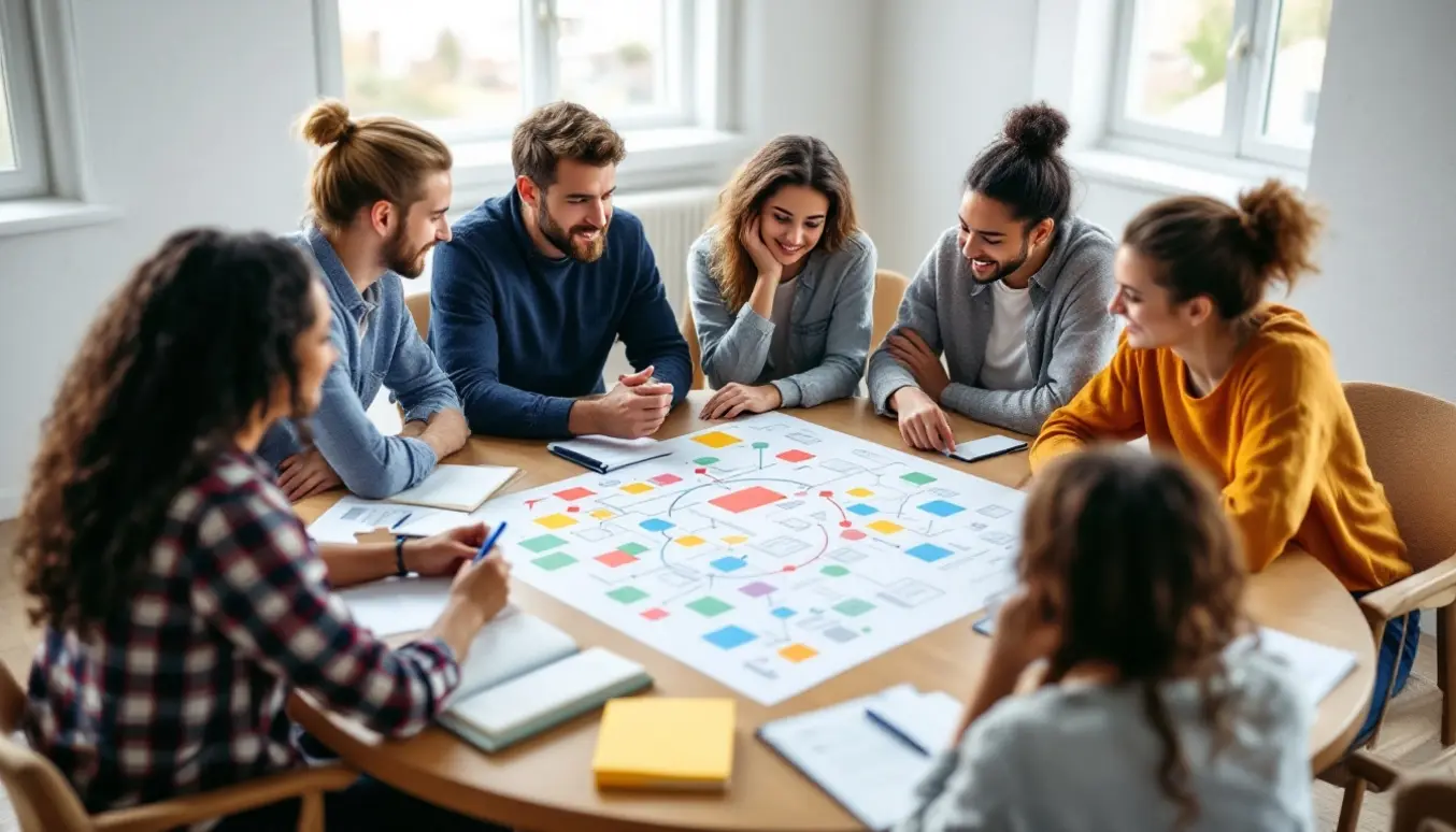 Un groupe de personnes en discussion autour d'une table avec des icônes représentant des sujets et des implications.