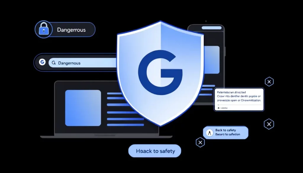 Bouclier avec le logo Google, alertant sur des contenus dangereux sur un fond noir. Sécurité web et prévention des risques.