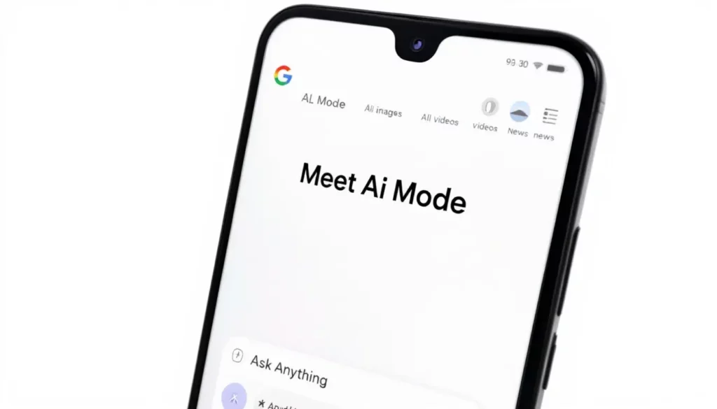 Écran de smartphone affichant "Meet Ai Mode" avec des options de recherche sur une interface Google.