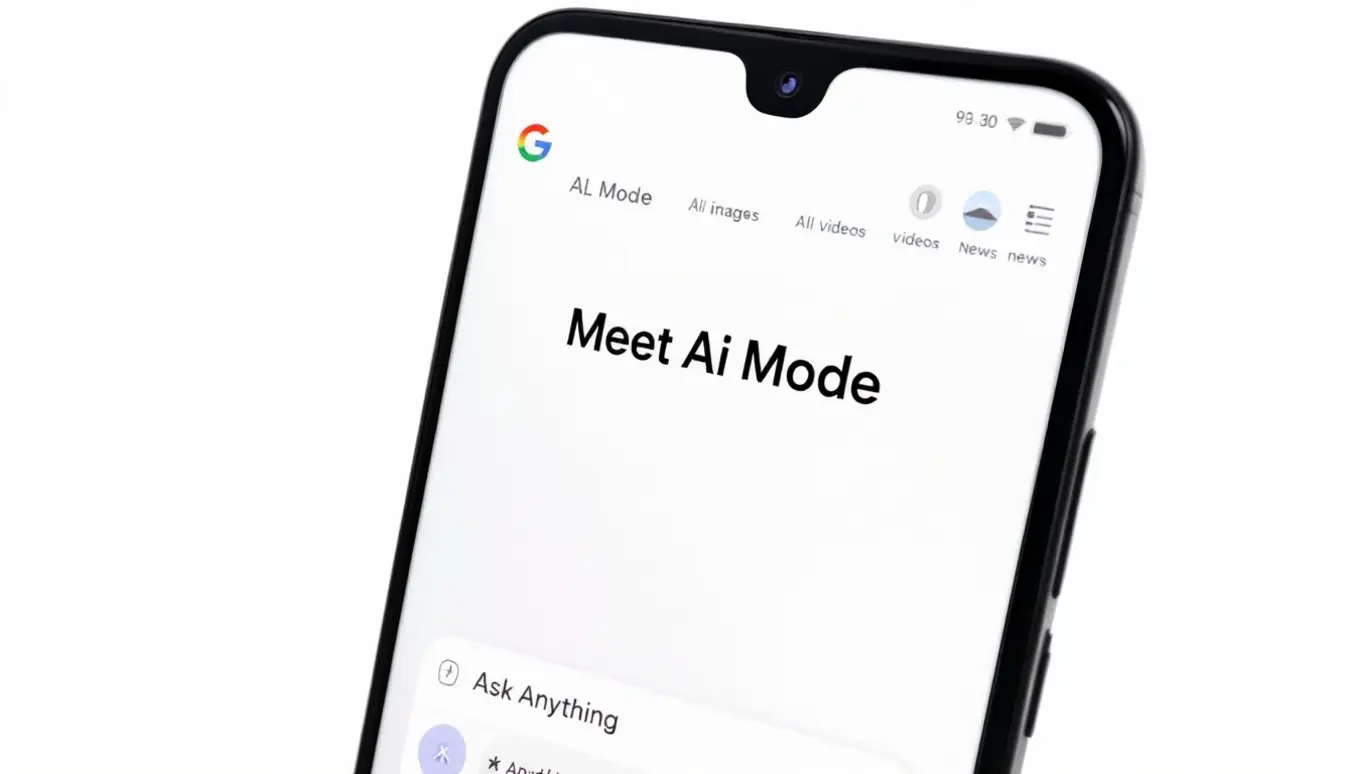 Écran de smartphone affichant "Meet Ai Mode" avec des options de recherche sur une interface Google.