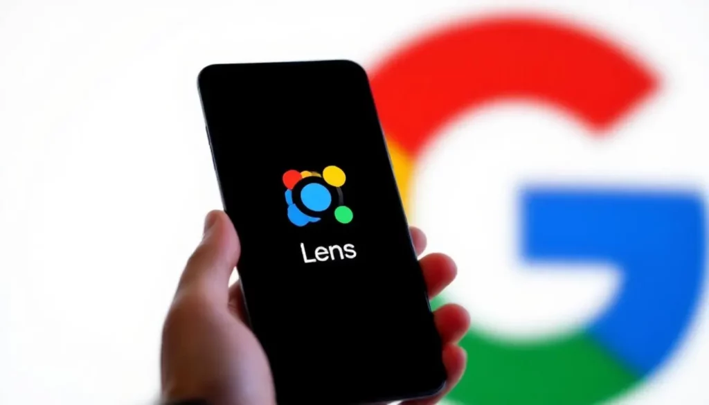 Smartphone affichant l'icône de Google Lens, avec le logo coloré de Google en arrière-plan.