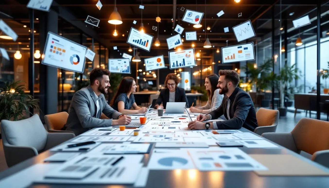 Groupe de créateurs et de marketeurs travaillant ensemble dans un environnement moderne, avec des outils de travail et des idées visualisées autour d'eux.