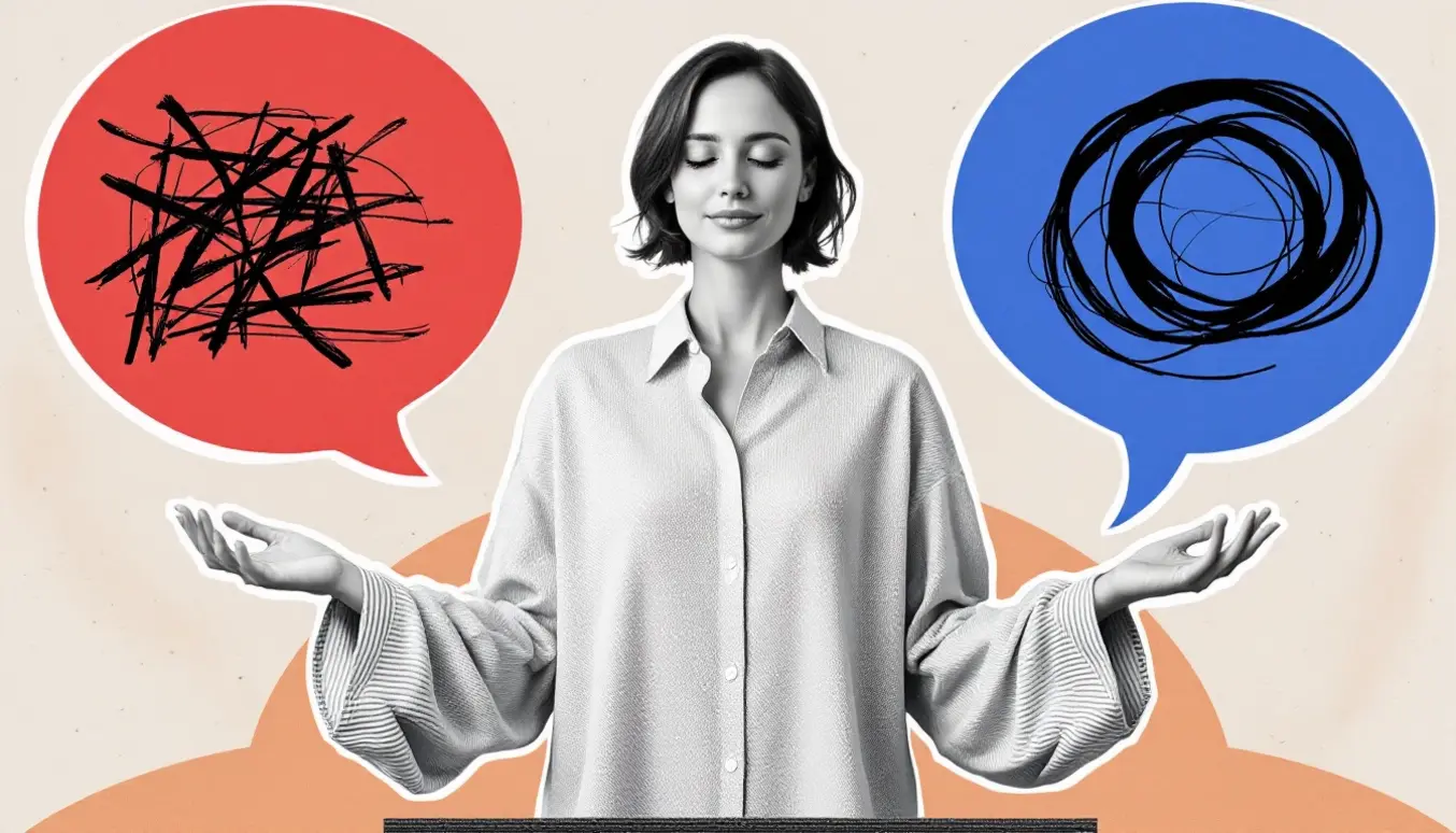 Femme en méditation, les yeux fermés, avec des bulles de dialogue illustrant le désordre et la clarté mentale.