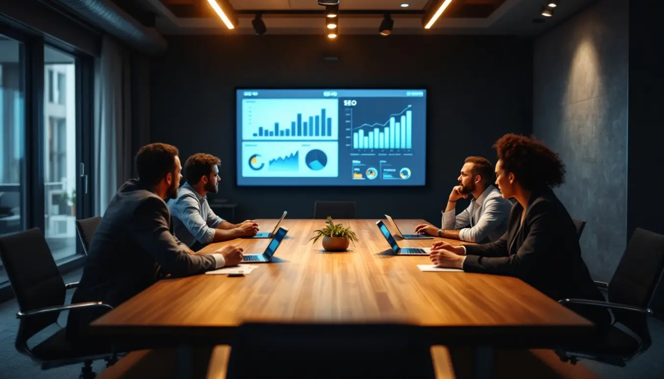 Un groupe de professionnels discutant autour d'une table, avec des graphiques SEO à l'écran, illustrant des débats et des incertitudes