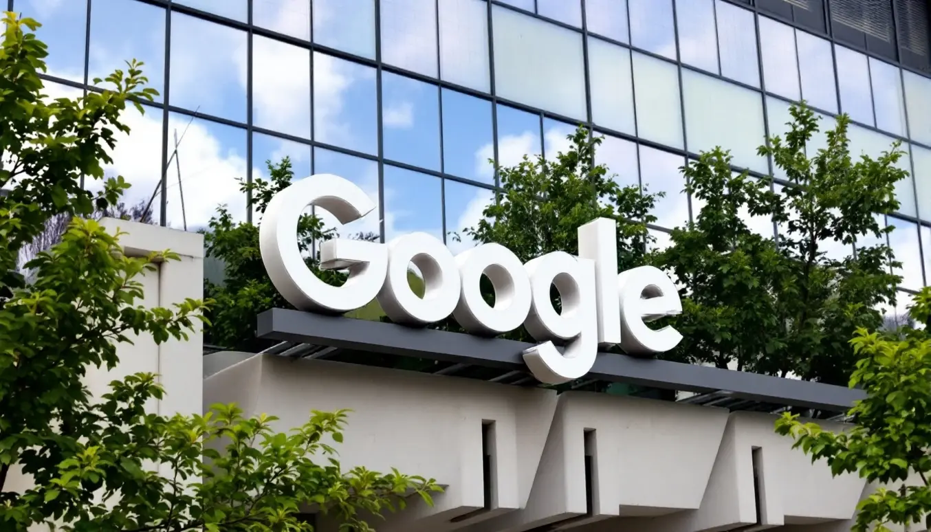 Panneau du logo Google en lettres blanches sur un bâtiment moderne, entouré de verdure et de fenêtres réfléchissantes.