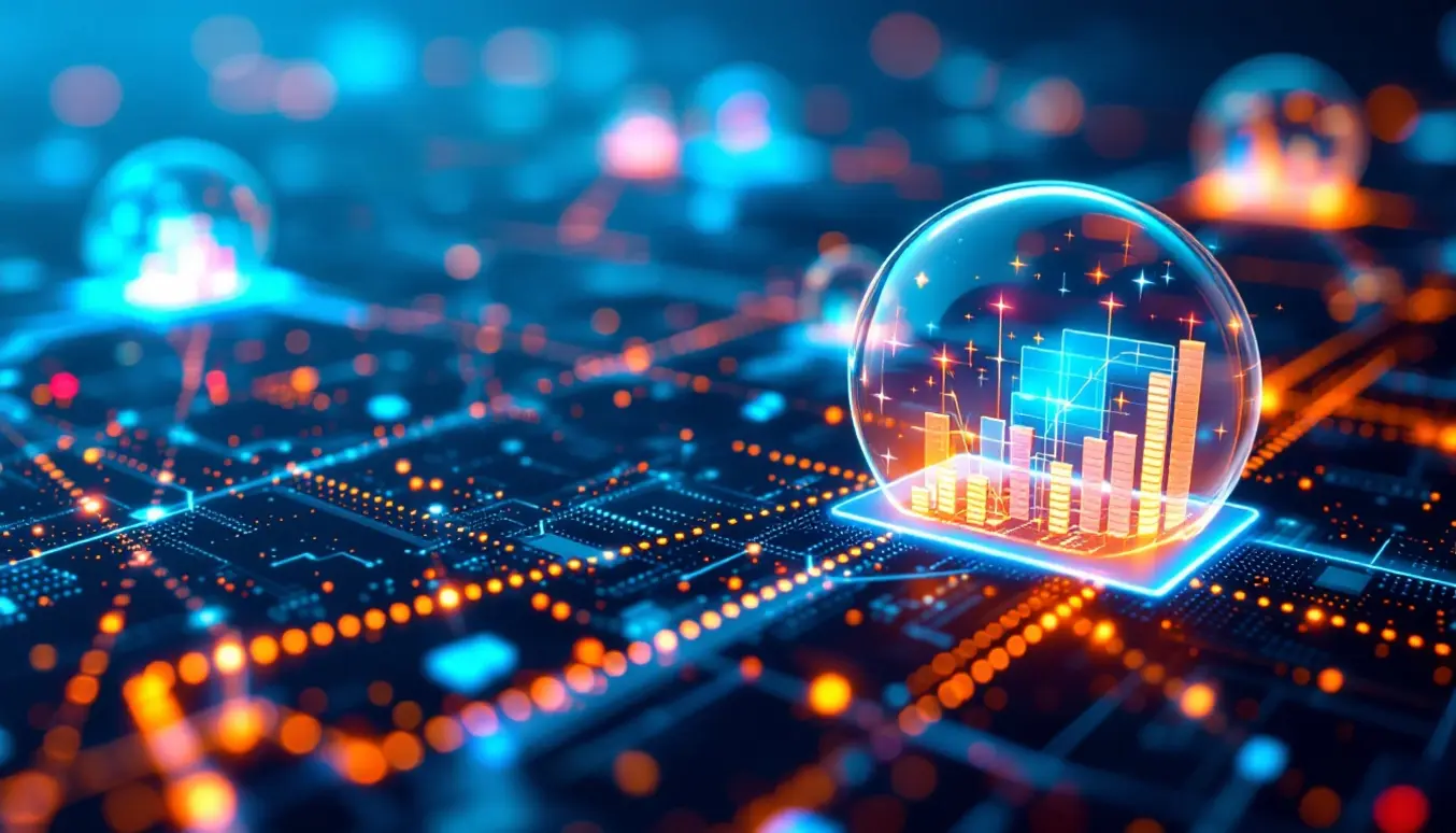 Représentation graphique de diverses plateformes d'intelligence artificielle connectées à un réseau mondial, influence sur le trafic numérique visible par des flux de données et une croissance.