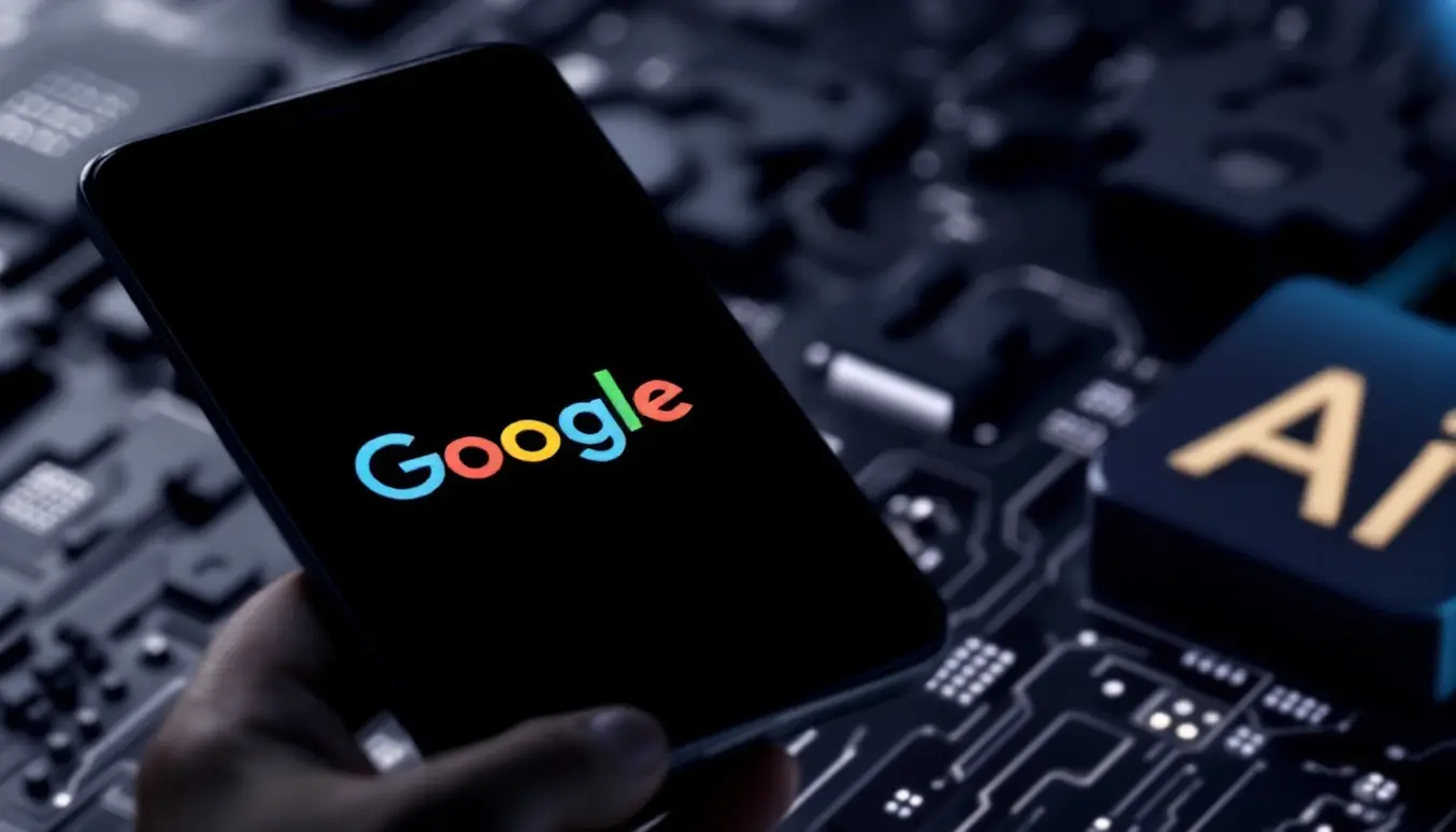 Smartphone affichant le logo Google sur fond de circuit imprimé, symbolisant l'innovation technologique et l'intelligence artificielle.