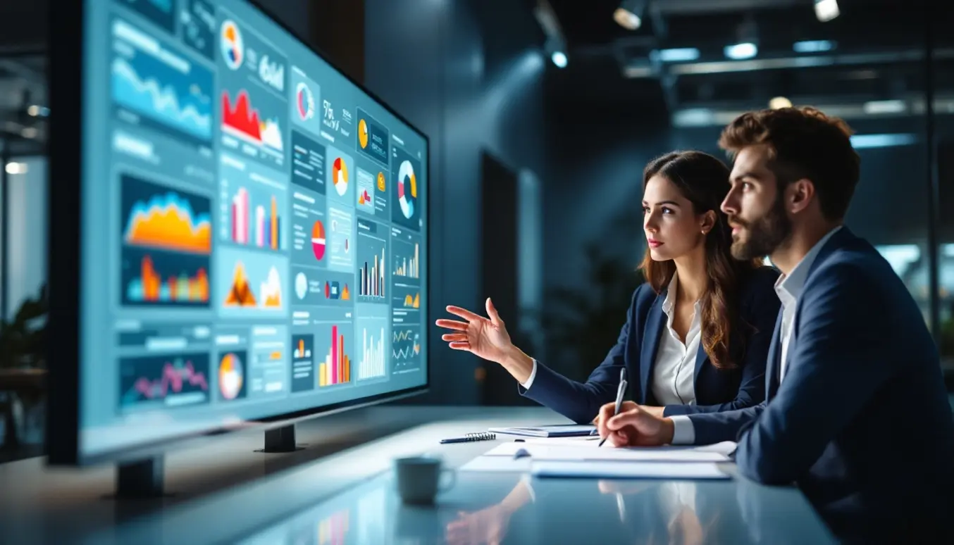 Des professionnels analysant un tableau de stratégie marketing avec des graphiques et diagrammes dans un espace de travail moderne.