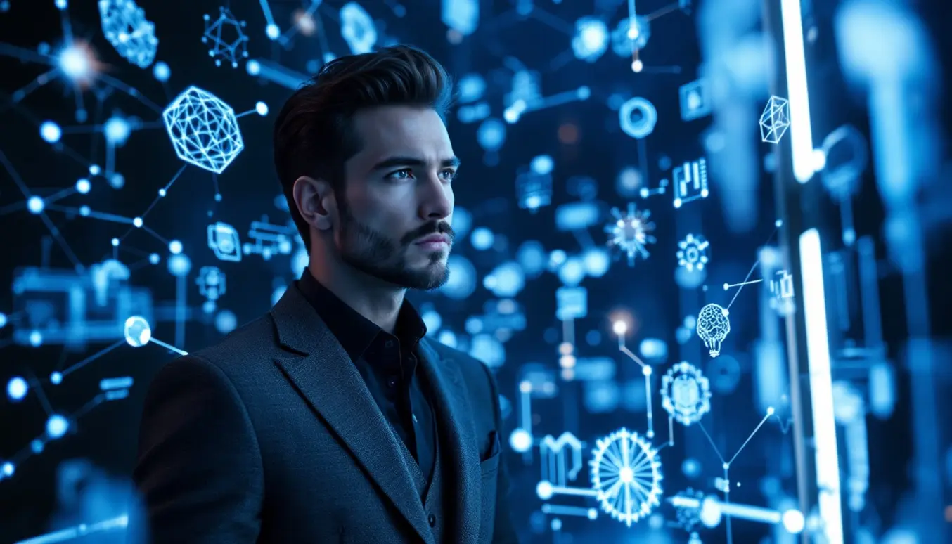 Une personne dans un environnement technologique avancé entourée d'aperçus holographiques représentant des réseaux et des symboles d'intelligence artificielle.