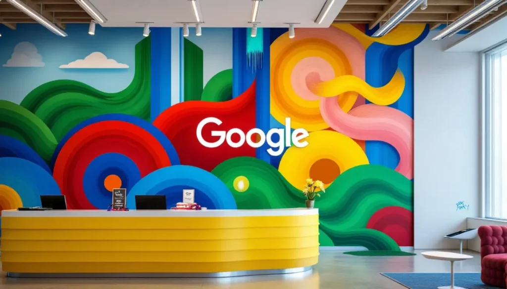 Mur coloré avec le logo Google, bureau moderne avec réception jaune et décoration vibrante dans un espace de travail.