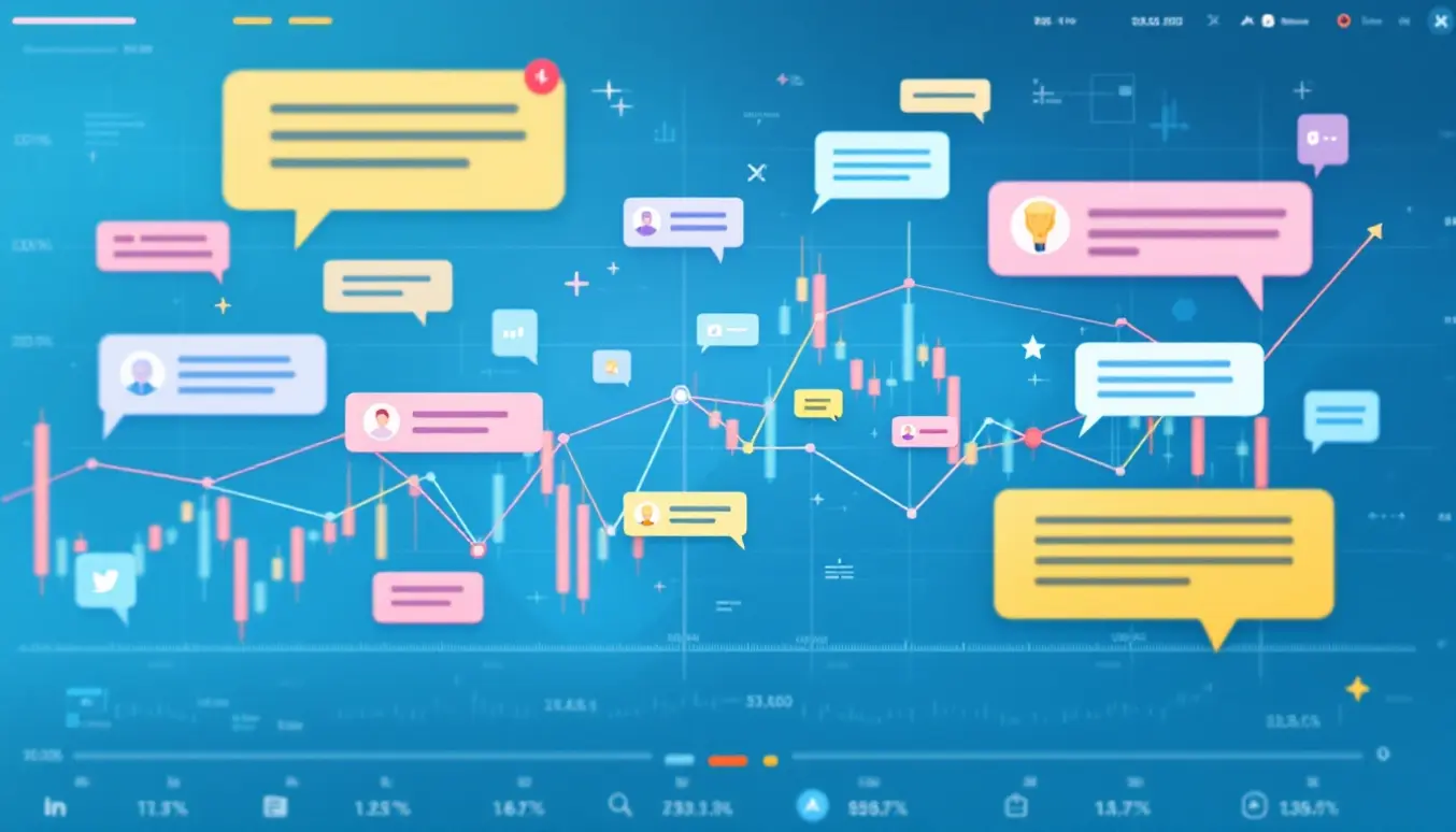 Un graphique de marché avec des fléchages et des bulles de communication illustrant l’impact des déclarations sur le marché et la communication d’une entreprise technologique.