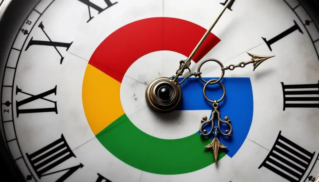 Montre vintage avec aiguille sur le logo coloré de Google, symbolisant le temps et la technologie.